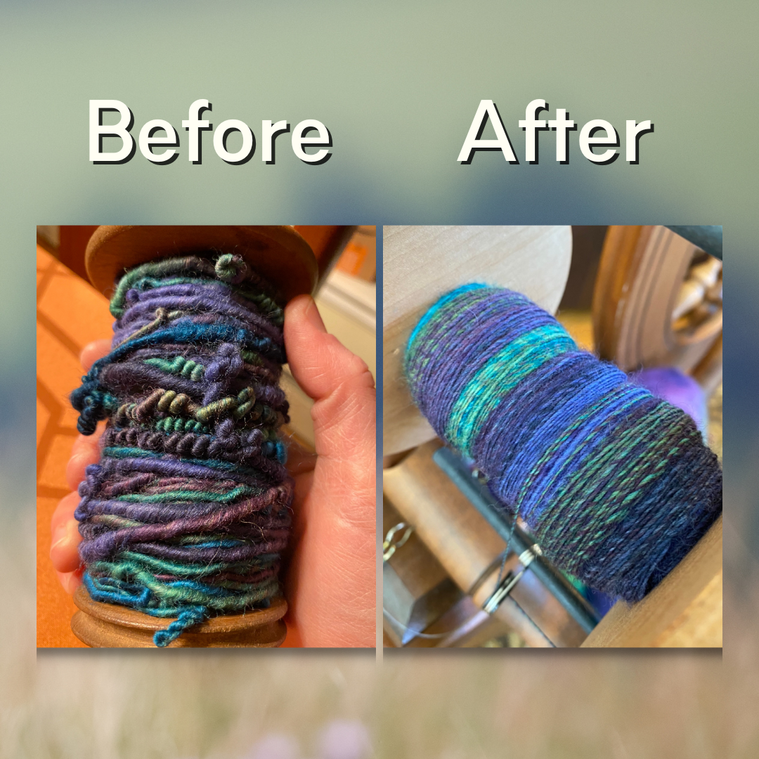 Two bobbins of yarn, side by side. The yarn on the left is thick with inconsistent high twist corkscrews. The yarn on the right is thinner with consistent thickness and twist.